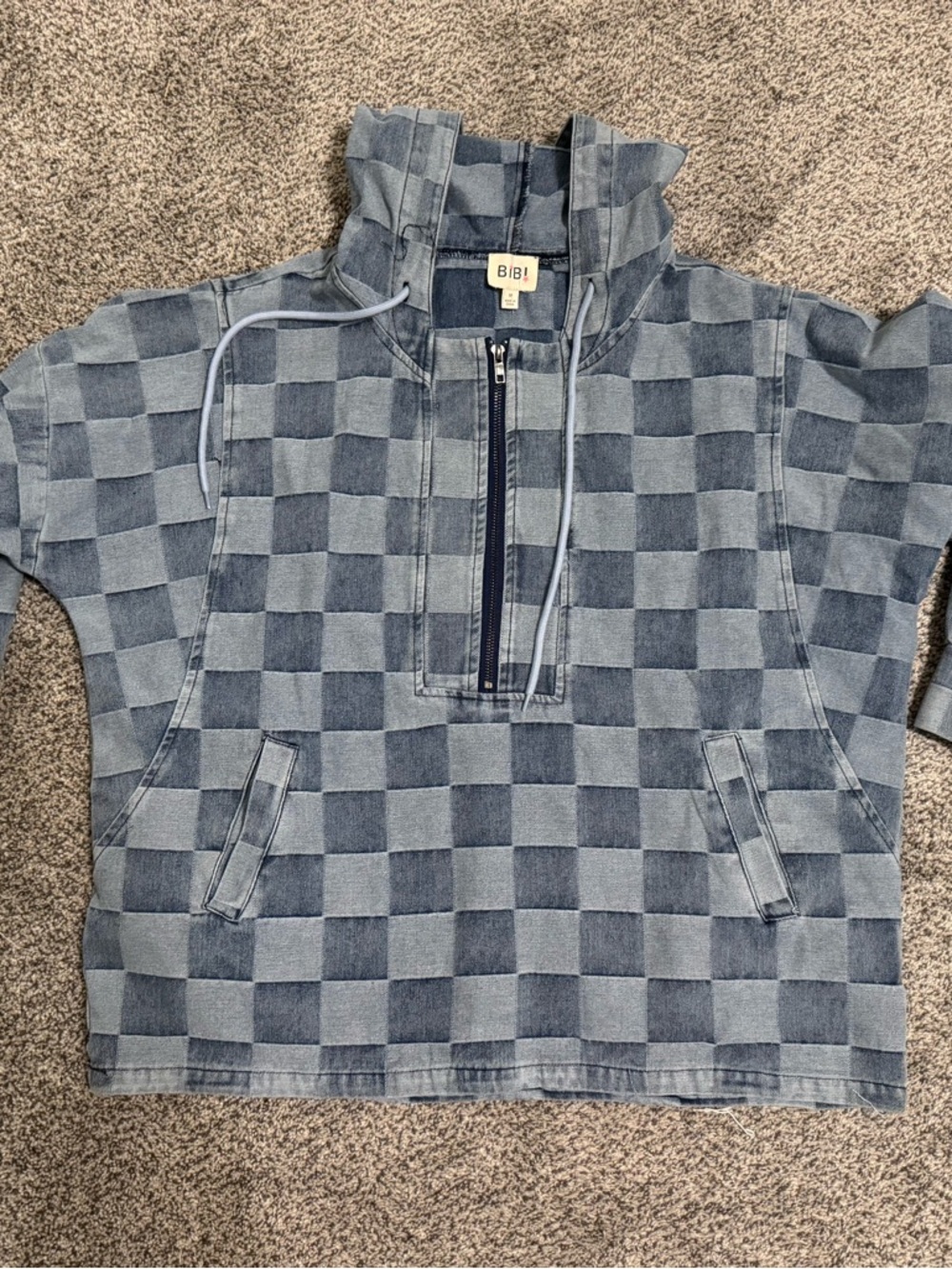 BiBi Denim Blue Checkered Half-Zip Jacket